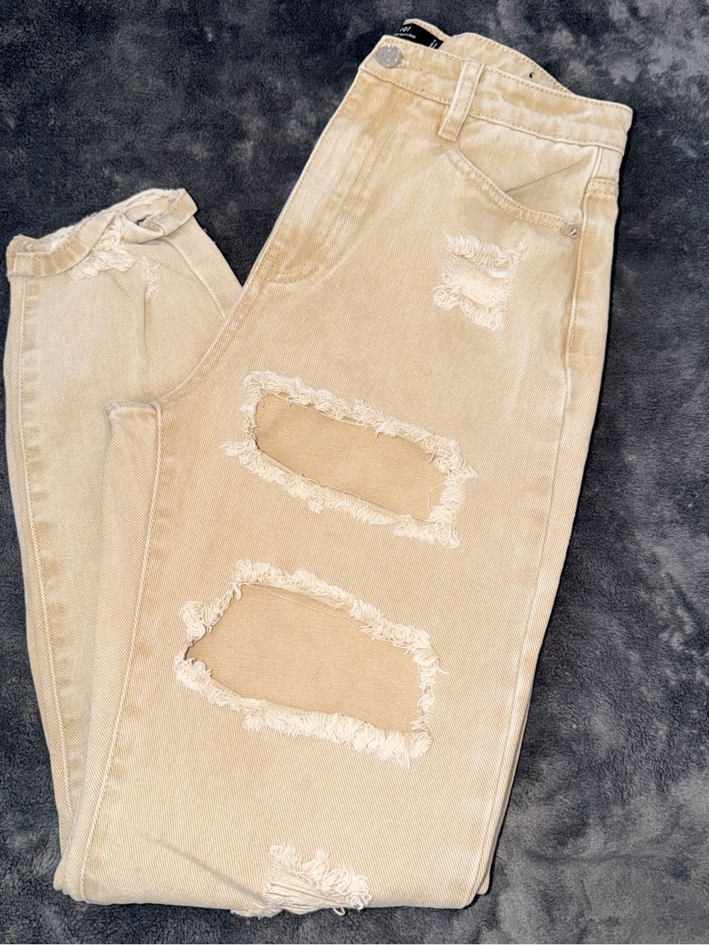 High-Rise Distressed Beige Mom Jeans